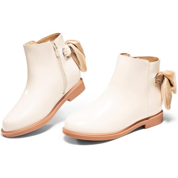 🆕Girls Off-white Faux Leather Ankle Bow Chunky Low Heel Side Zipper Dress Boot - Picture 4 of 10